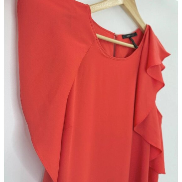 BCBGMAXAZRIA Red Orange Chiffon Flutter Sleeve Shift Dress Sz L Preppy Event - Picture 5 of 10